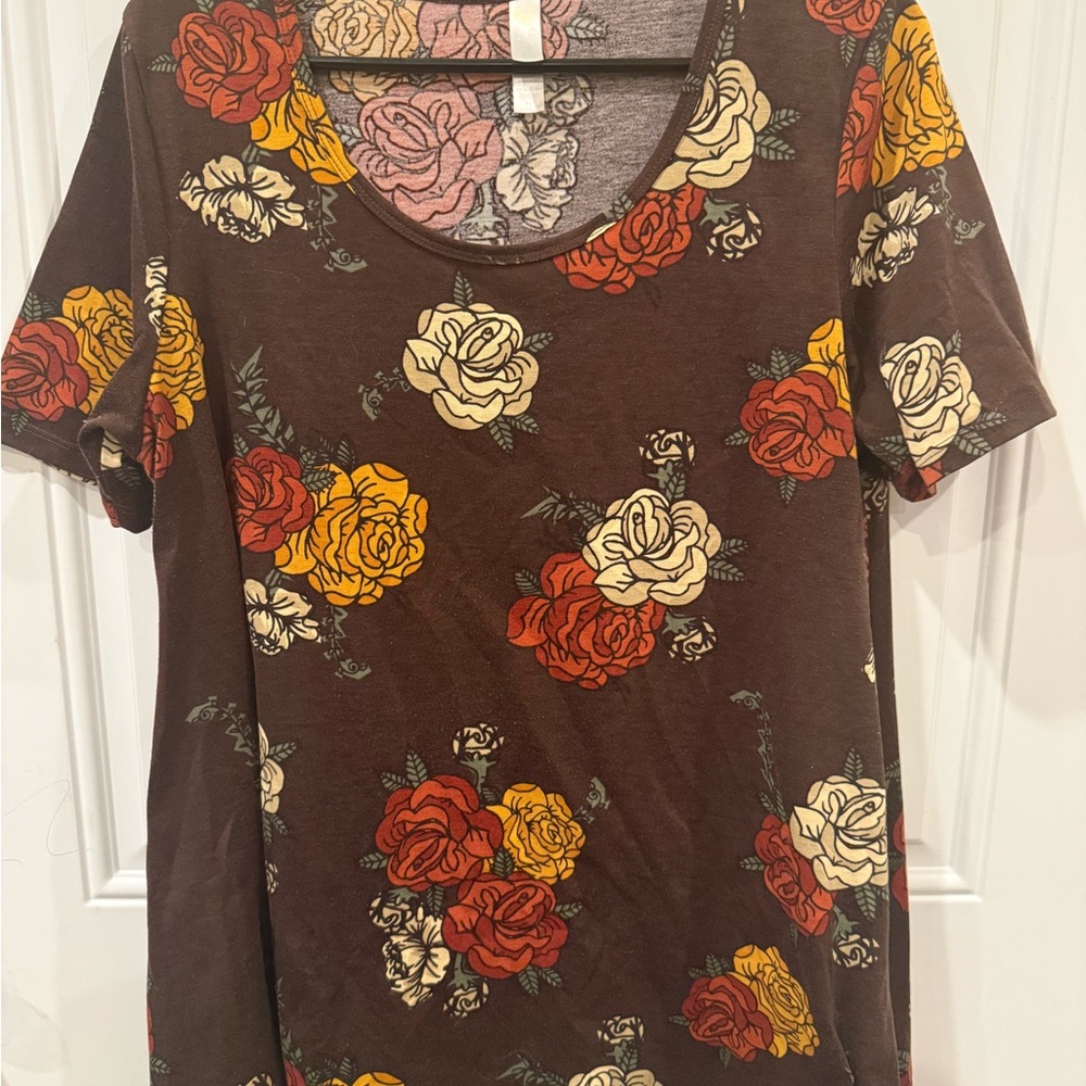 Floral Brown Short Sleeve Women's Top size medium